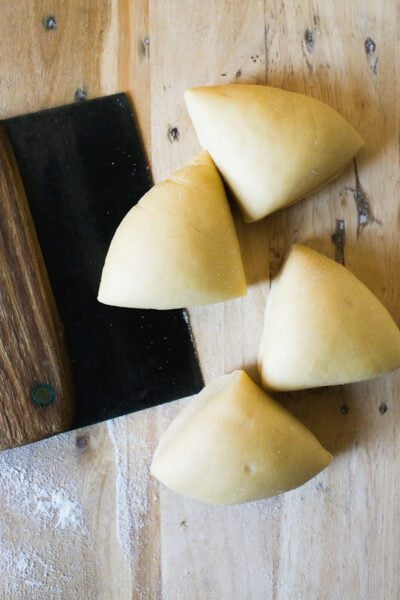 Cut sourdough pasta dough with a bench knife