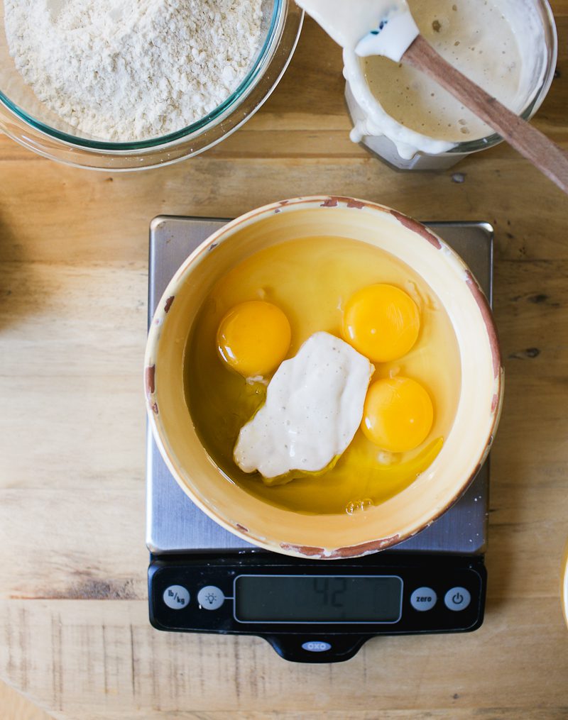 Eggs and sourdough starter in a yellow bowl