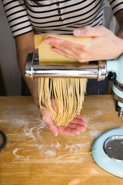Cutting sourdough spaghetti pasta with KitchenAid stand mixer