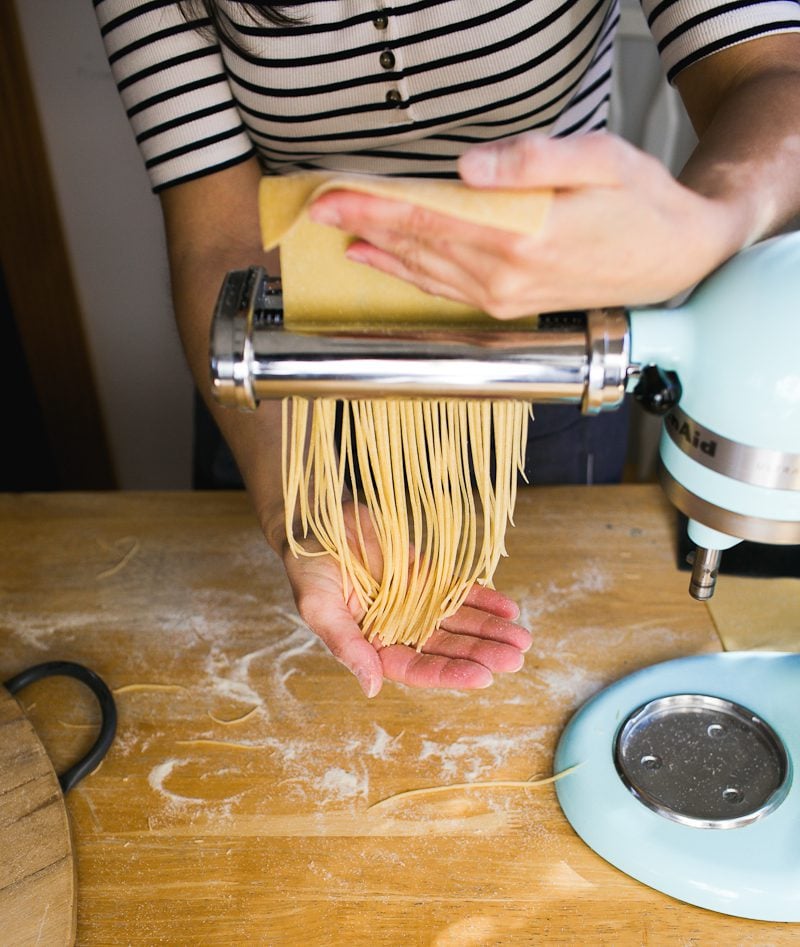 Cutting sourdough spaghetti pasta with KitchenAid stand mixer