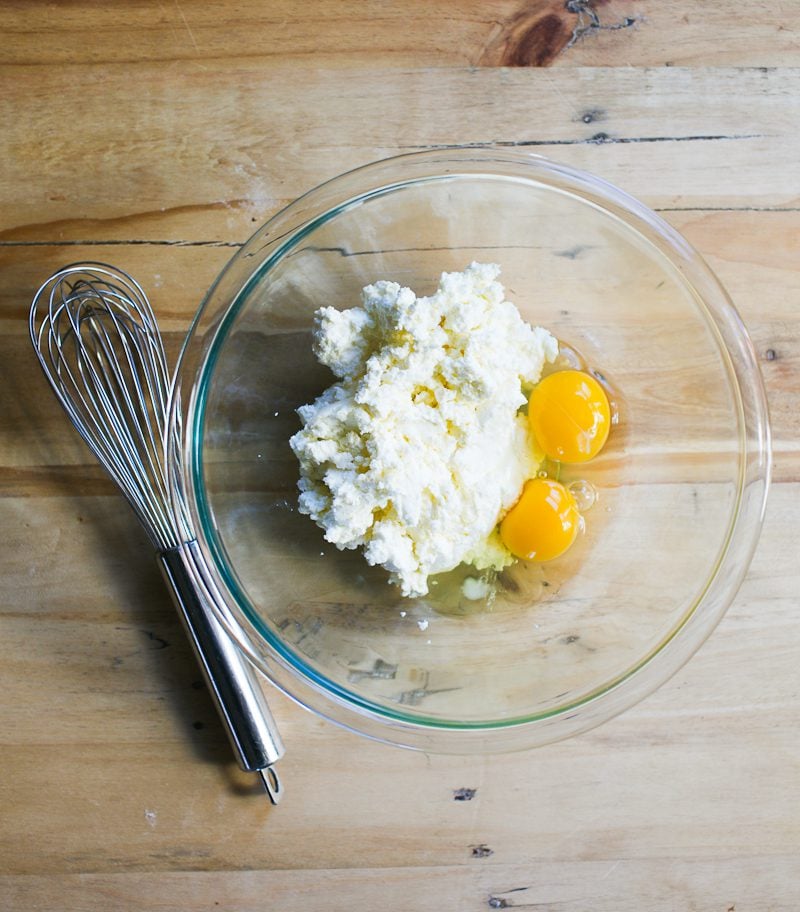 Ricotta and eggs in a bowl