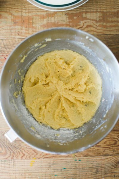 Creamed butter, sugar & eggs in the bowl of a stand mixer