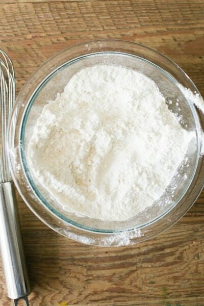 Flour, baking soda & salt in a glass mixing bowl