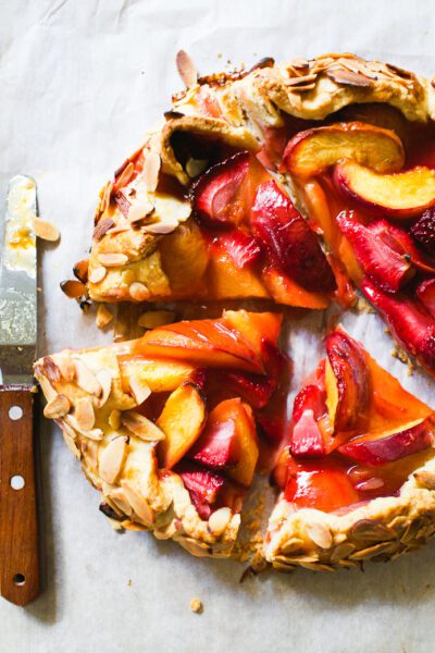 Sourdough galette with peaches and strawberries