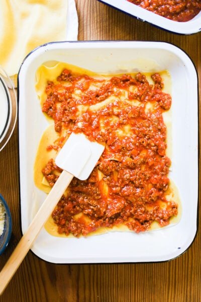 One layer of lasagna noodles w/ ragù sauce