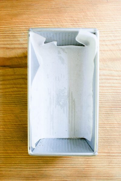 Lined loaf pan with parchment paper