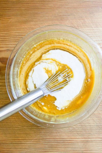 Sourdough pumpkin bread batter ingredients mixed together with sourdough starter