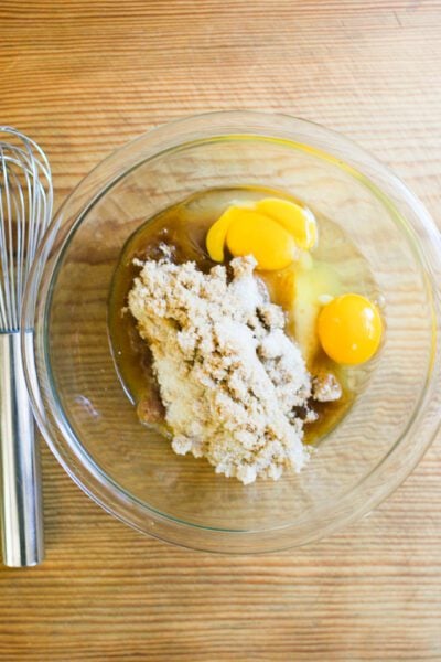 Eggs, brown sugar, granulated sugar & vanilla extract in a mixing bowl