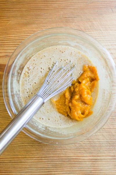 Eggs, brown sugar, granulated sugar, vanilla extract & pumpkin purée in a mixing bowl