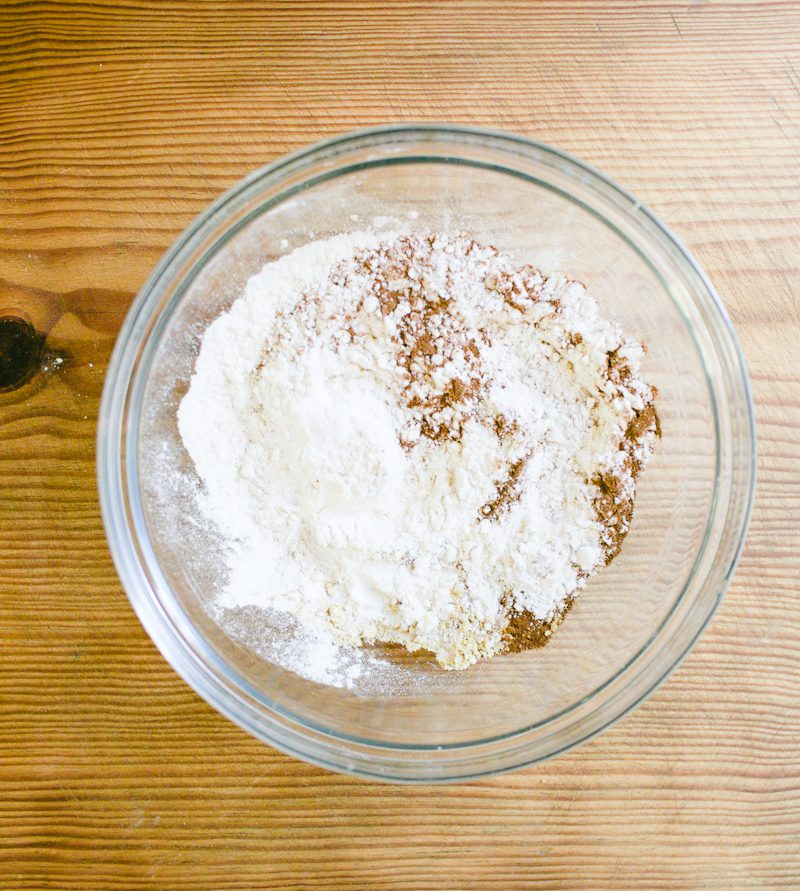Dry ingredients: flour, baking soda, baking powder, cinnamon, ground ginger, nutmeg, cloves and salt.