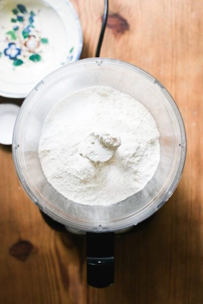 Pulsed dry ingredients in a food processor: flour, baking powder, salt and sugar