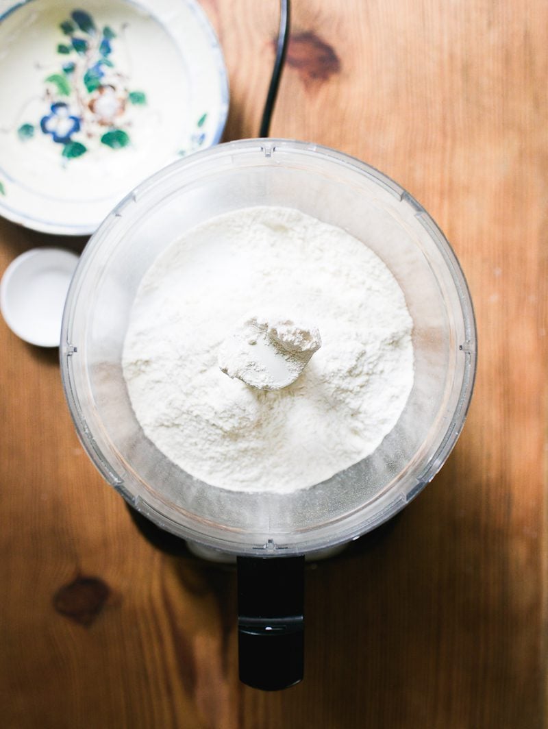 Pulsed dry ingredients in a food processor: flour, baking powder, salt and sugar