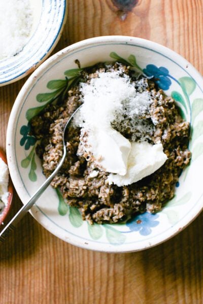 Minced sautéed mushrooms with ricotta, mascarpone and Parmesan cheese