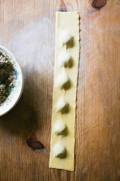 Assembling homemade mushroom ravioli