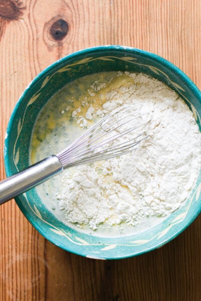 Wet ingredients & flour in a mixing bowl