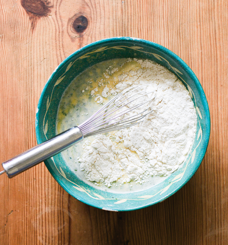 Wet ingredients & flour in a mixing bowl