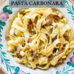 Pasta carbonara in a bowl with guanciale