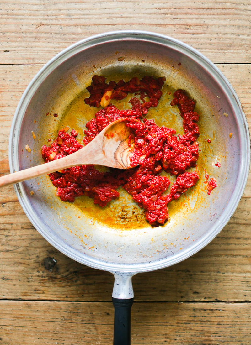 Cooked tomato paste in a pan