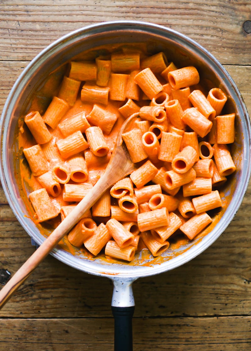 Rigatoni pasta tossed with creamy homemade vodka sauce