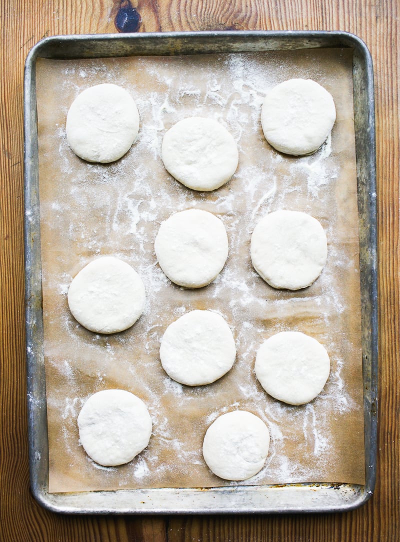 Sourdough English muffin dough (rounds) on cornmeal-dusted, parchment-lined sheet pan