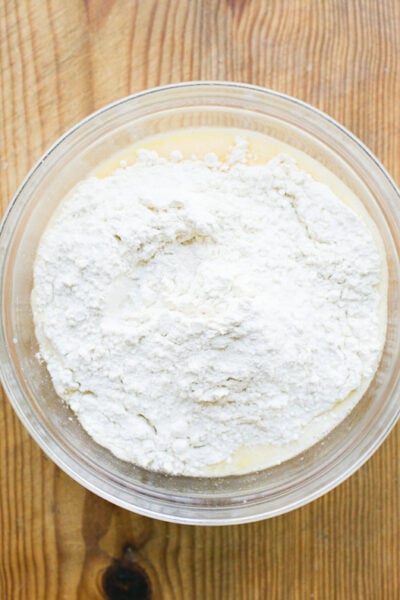 Glass mixing bowl with wet and dry ingredients