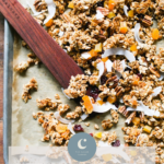 Sourdough granola, made with sourdough starter, whole rolled oats, maple syrup and dried fruit & nuts