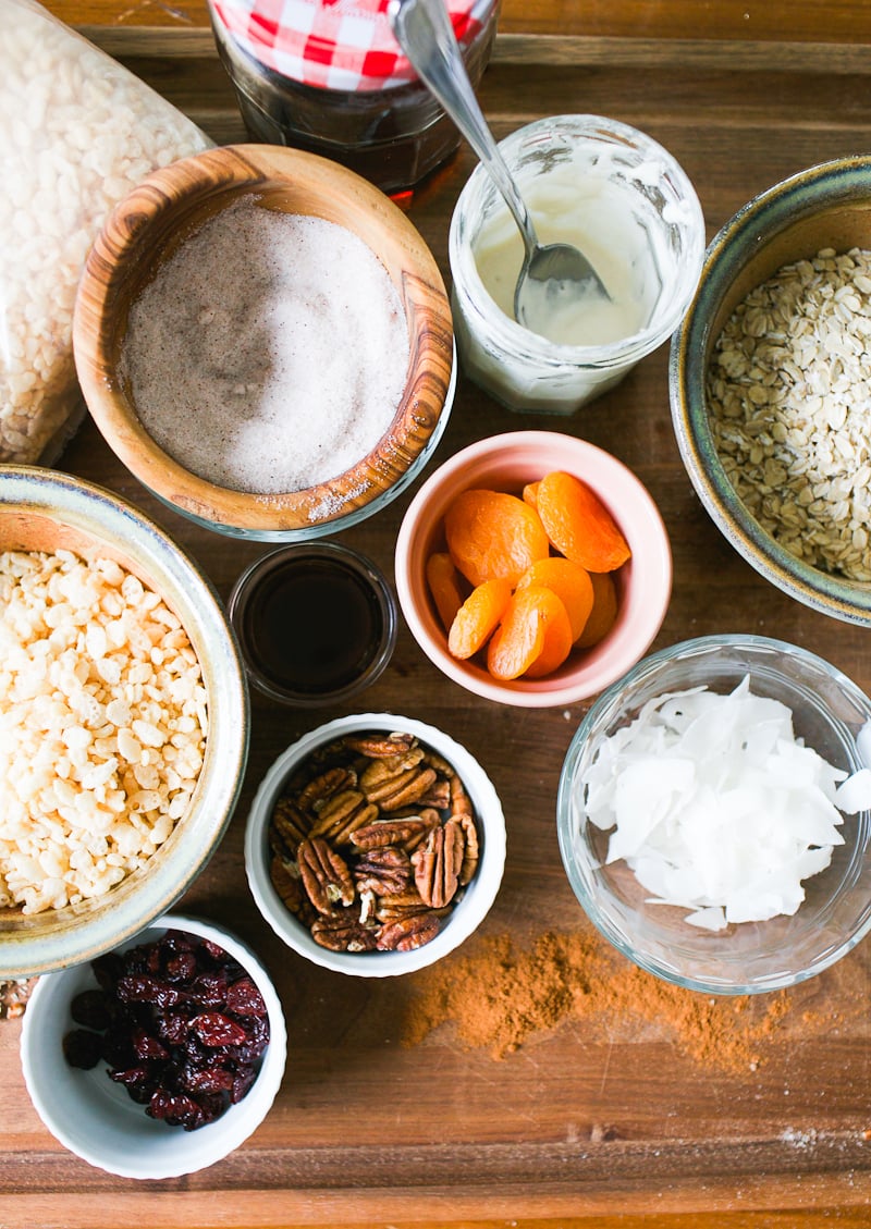 Sourdough granola ingredients on a wooden cutting board