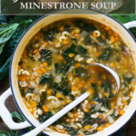 Italian minestrone soup in a white pot with crusty bread