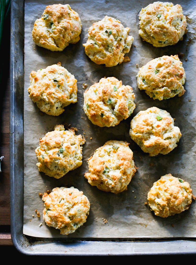Baked sourdough discard biscuits with cheddar cheese & scallions on a baking sheet