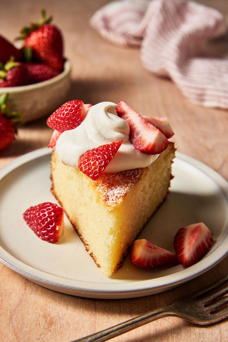Sourdough French yogurt cake with strawberries and cream