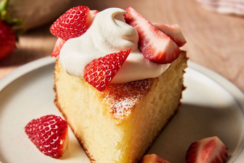 Sourdough French yogurt cake with strawberries and cream