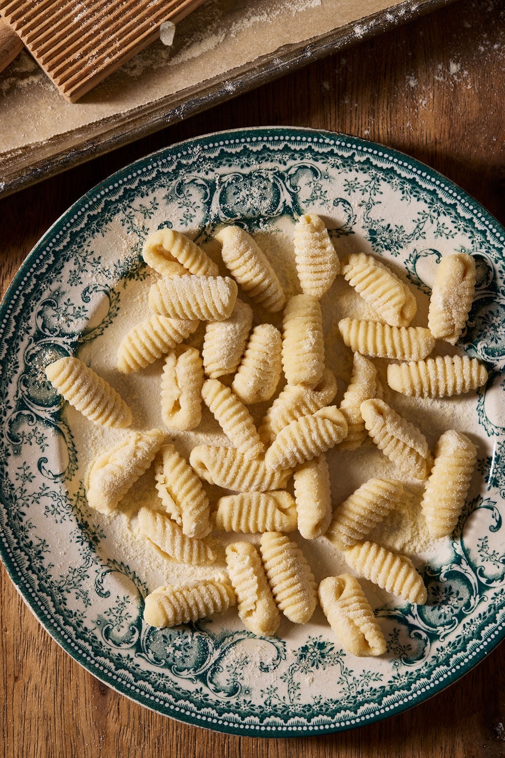 Sourdough cavatelli, homemade, on a vintage blue and white plate.