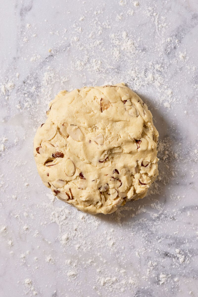 Sourdough biscotti dough shaped into a disc on a lightly floured marble surface.