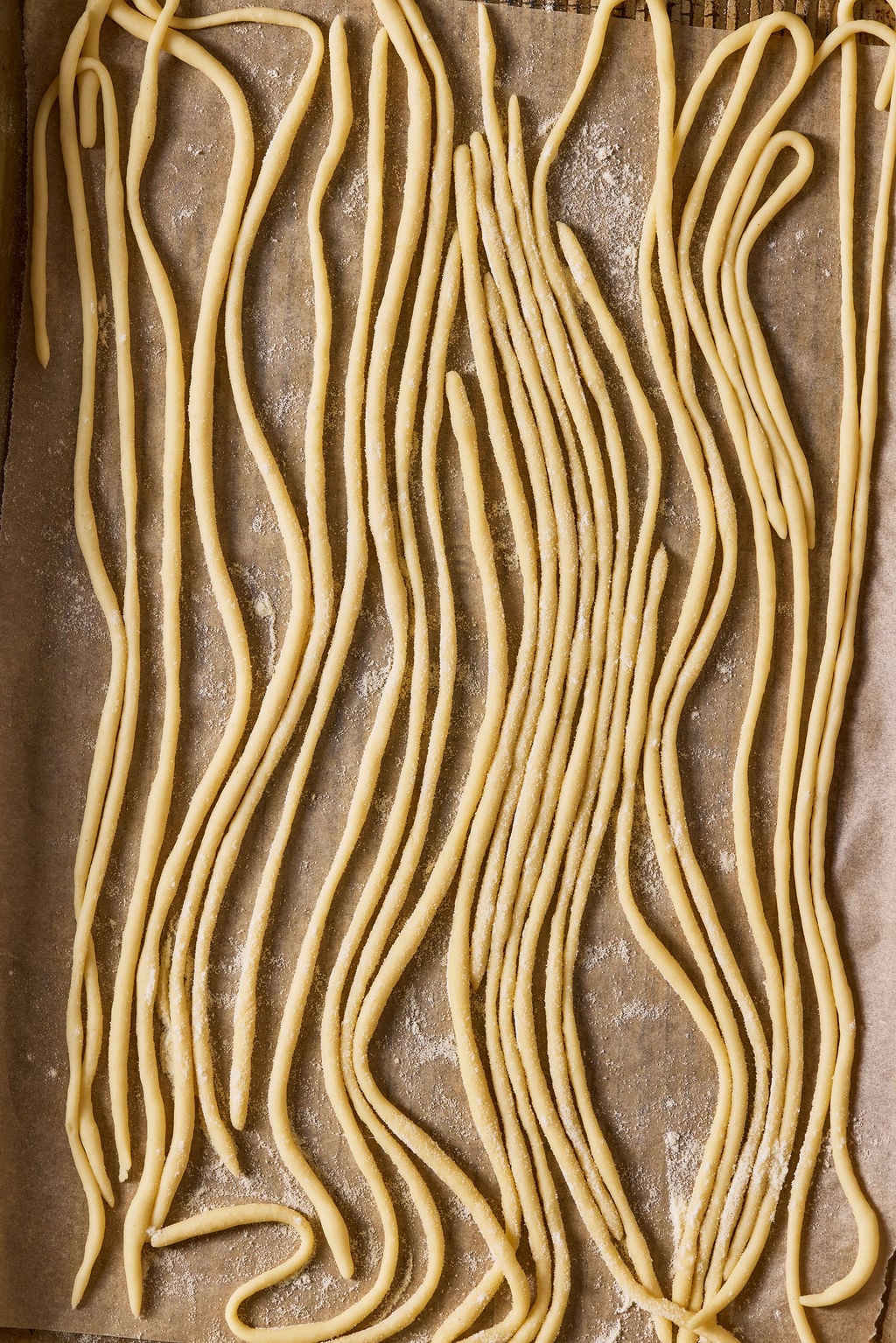 Sourdough pici pasta on a semolina dusted, parchment-lined sheet pan.