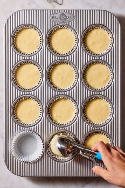 Sourdough cupcake batter portioned into a lined muffin tin with a large cookie scoop.