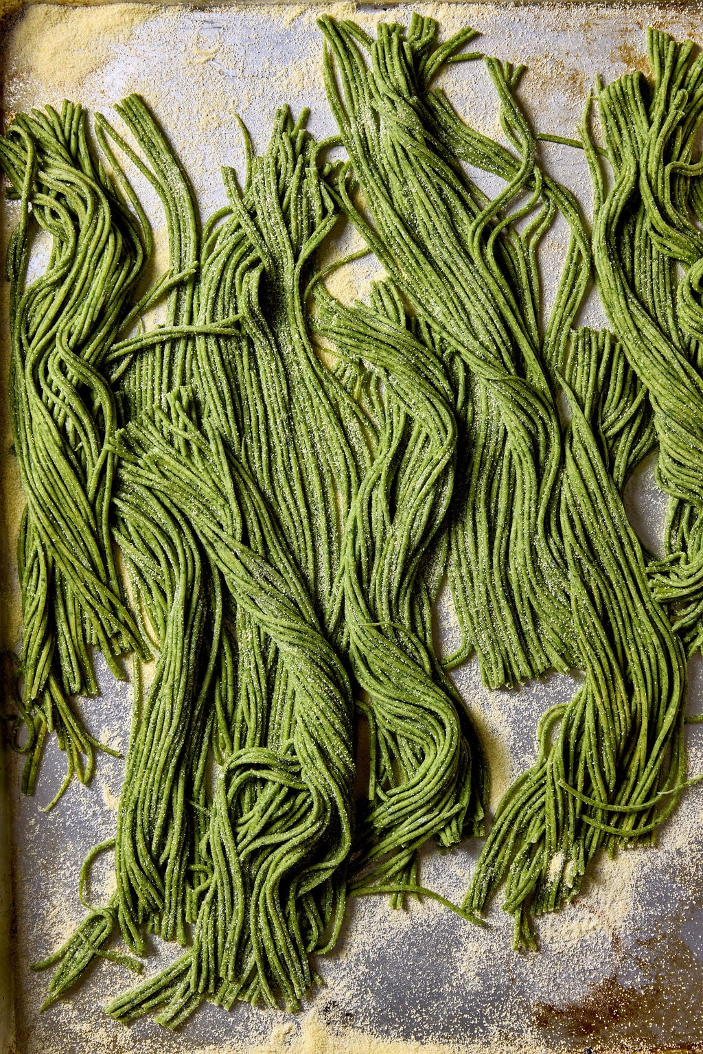 Homemade sourdough spinach pasta on a metal sheet pan dusted with semolina flour